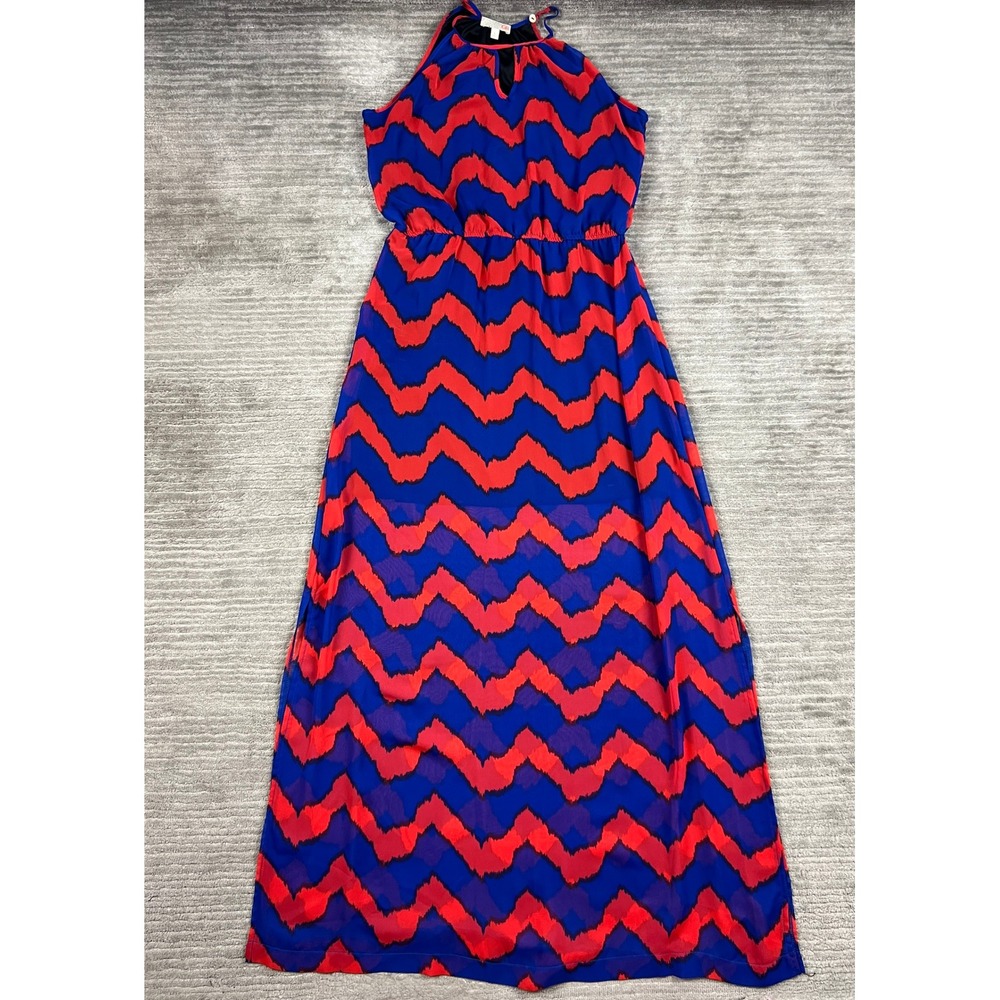 GB‎ Maxi Dress Womens Large Blue Red Chevron Ikat Halter Keyhole Elastic Waist